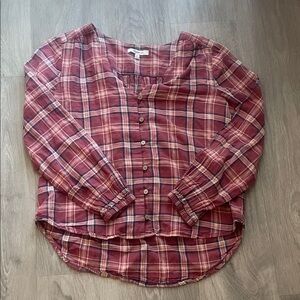 Madewell Red Plaid V-Neck Button-Down Long Sleeve Blouse
